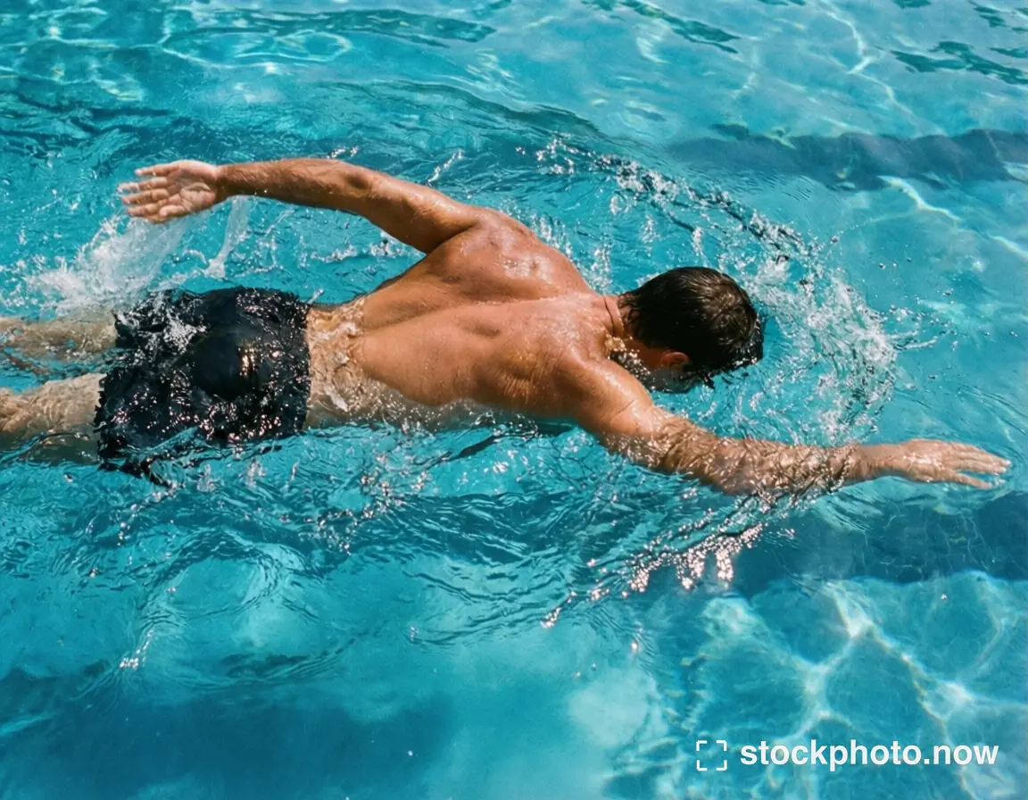 A muscular man swims freestyle in clear blue pool water with arms extended and splashing droplets catching sunlight.