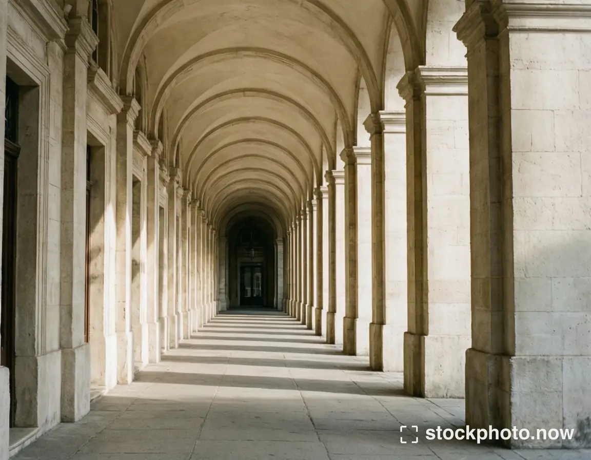 A centered view along repeating pale stone arches and columns with alternating light and shadow