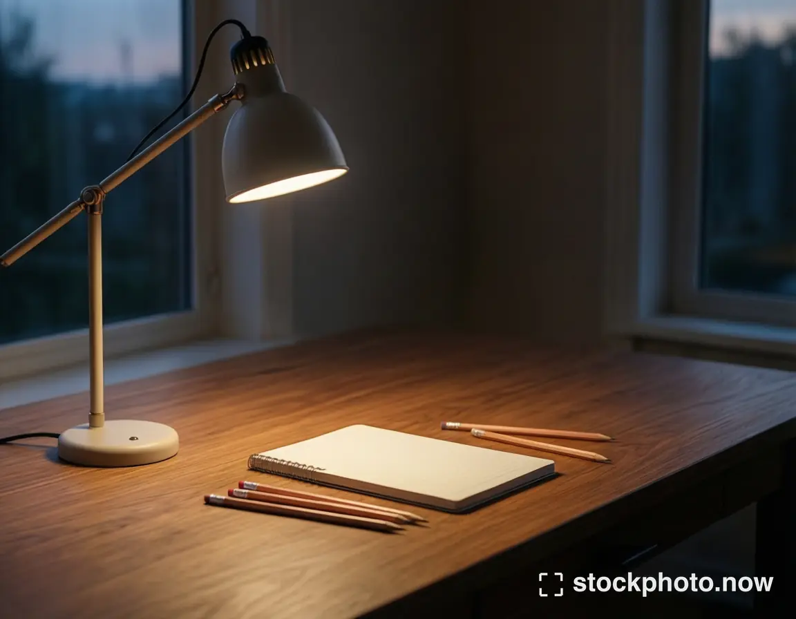 An adjustable cream desk lamp illuminating an open notebook and pencils on a wooden desk at dusk