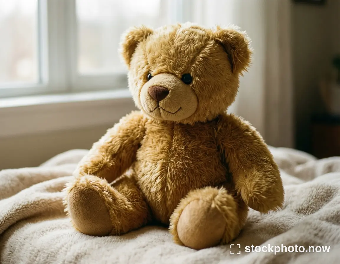 A honey-colored plush teddy bear sitting on a cream knitted blanket beside a window