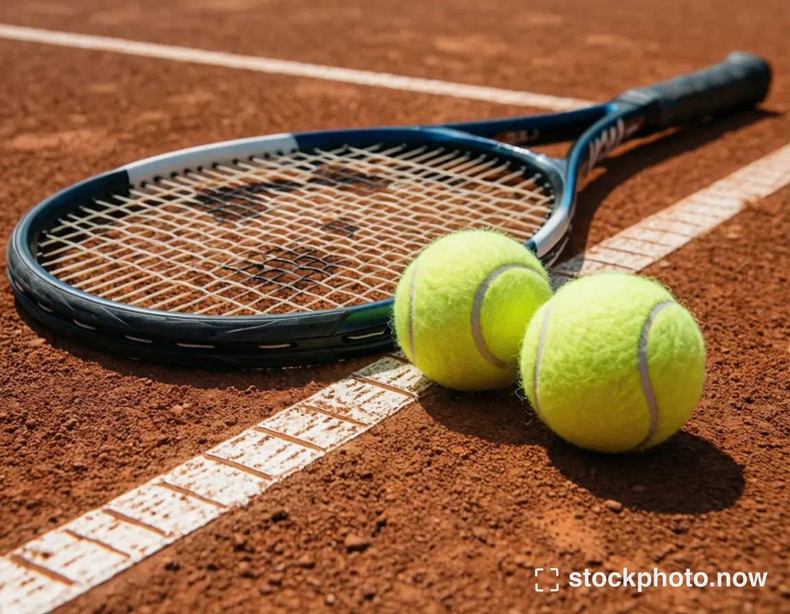 A blue tennis racket and two bright yellow balls rest on a sunlit clay court marked with crisp white lines.