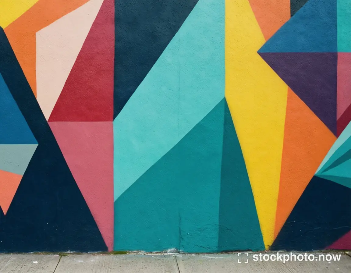 Vibrant geometric mural with bold triangles in teal yellow red and navy painted on a concrete wall.