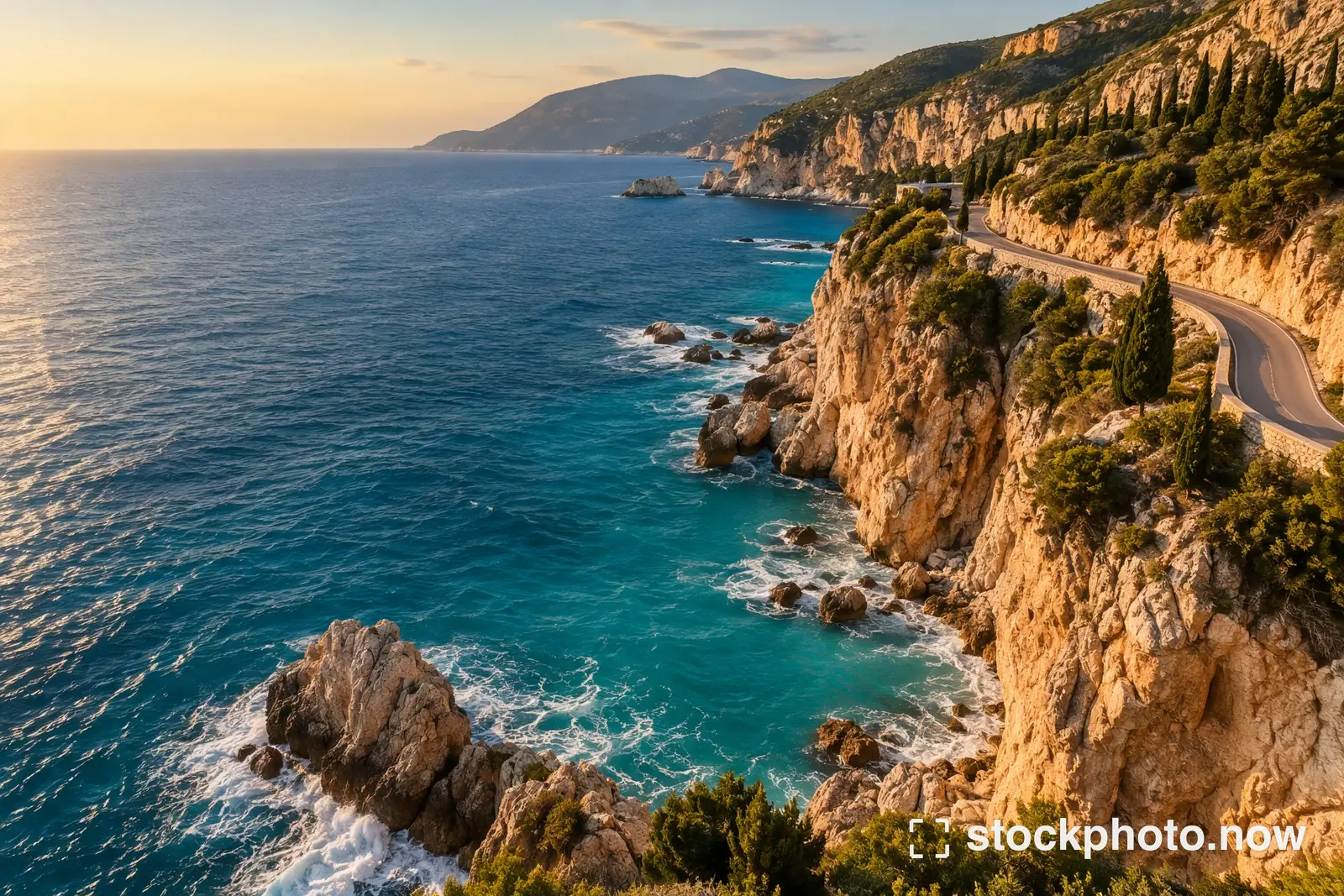 Turquoise sea beside a pale limestone coastline and a winding road