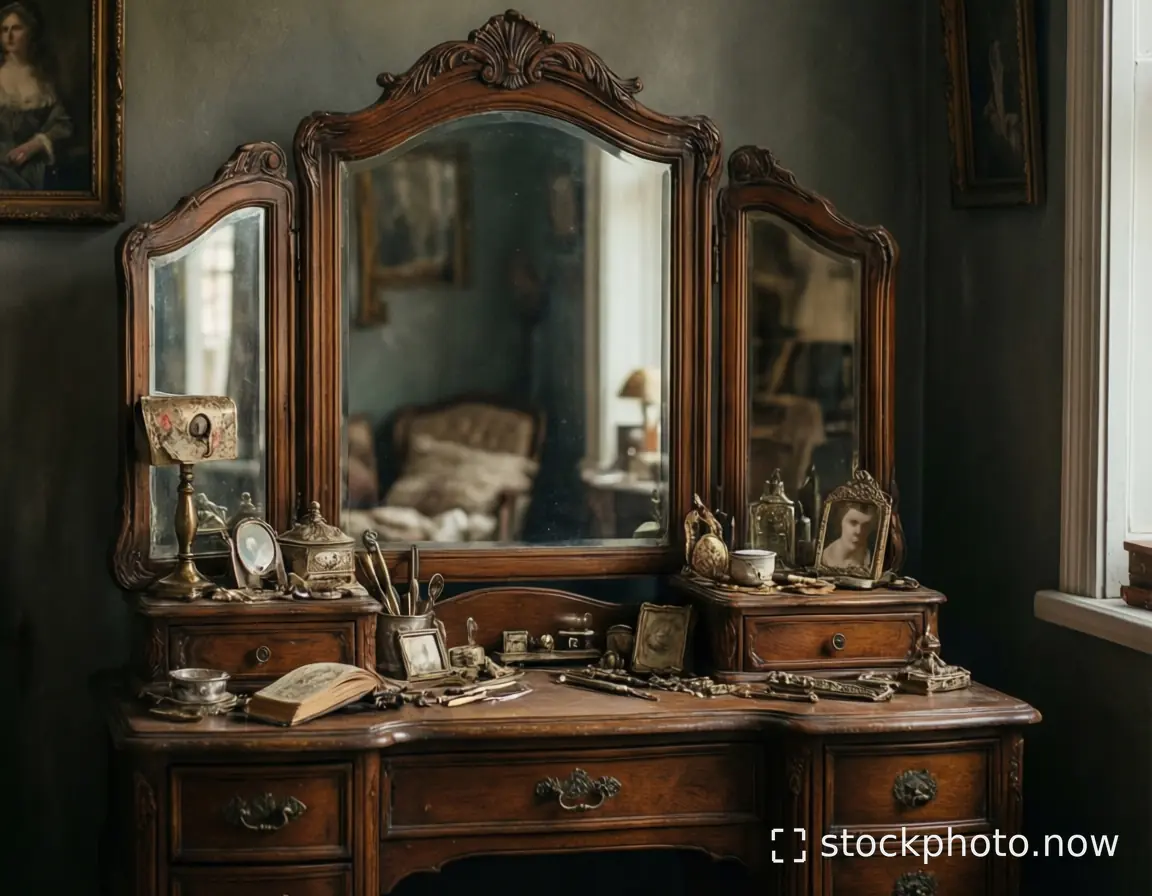 An ornate vintage wooden vanity with three mirrors reflects a dimly lit room filled with antique trinkets and framed portraits.