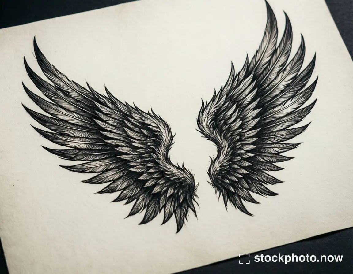 An original black ink illustration of two detailed feathered wings on ivory paper