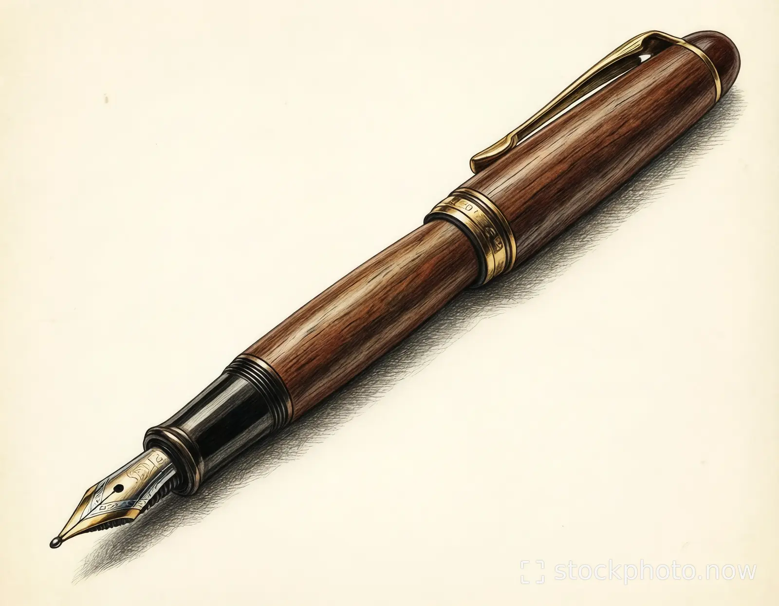 A finely detailed vintage fountain pen with dark wood barrel and gold trim rests diagonally on a cream background.